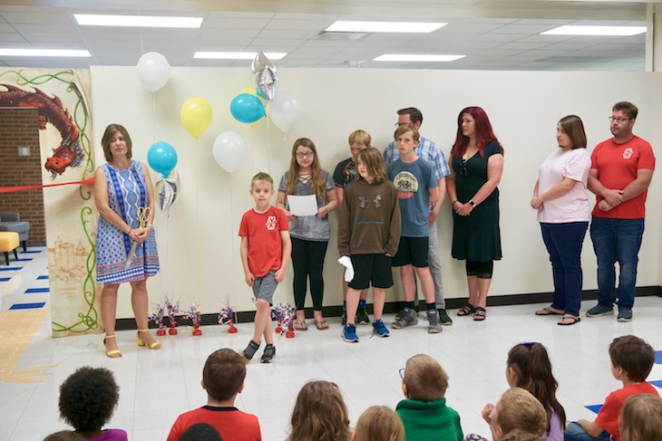 <p>During the grand opening celebration, HCS fifth-graders, Tess Ricke and Marcus Baffes, read poems about books. They did a great job!</p>
