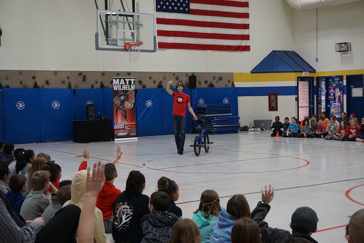 <p>Motivational speaker and BMX champion Matt Wilhelm at H.C. Storm Elementary School.</p>
