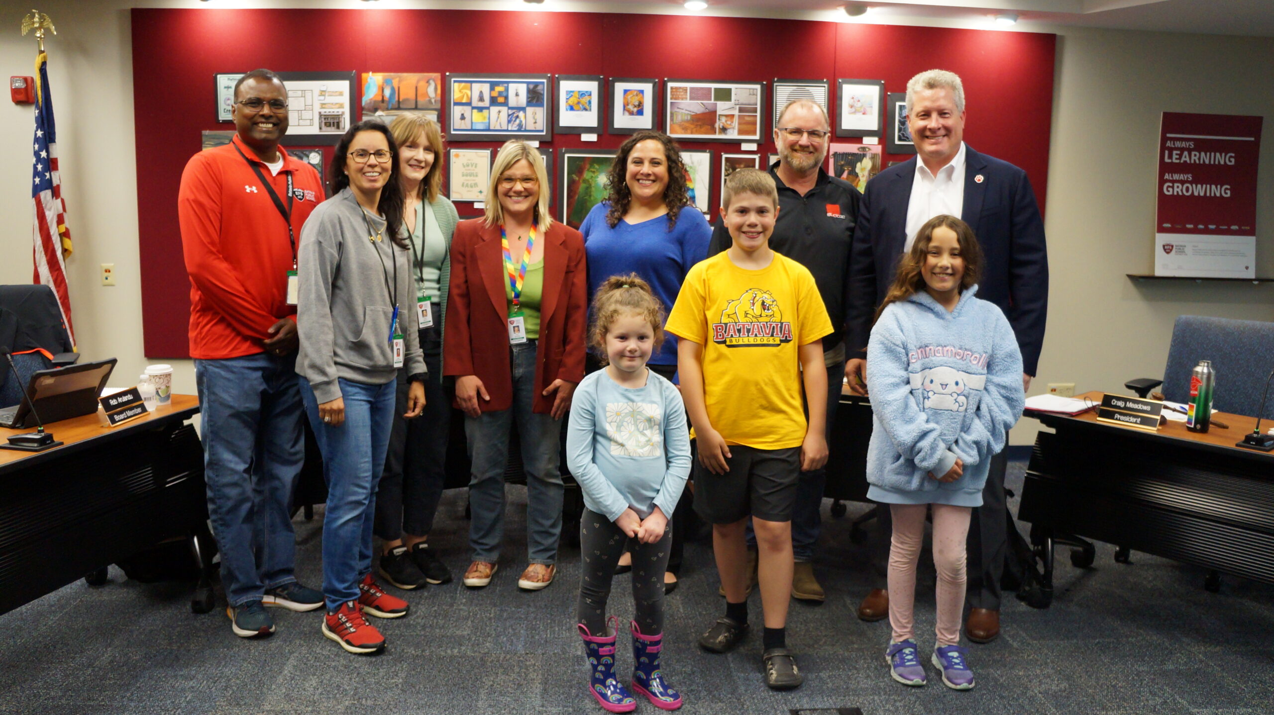 <p>Front (Kindest Kids): Elli, Tristan, Ava. Back (Board of Ed): Rob, Raquel, Kristin, Katy, Danielle, Craig, and Aaron</p>
