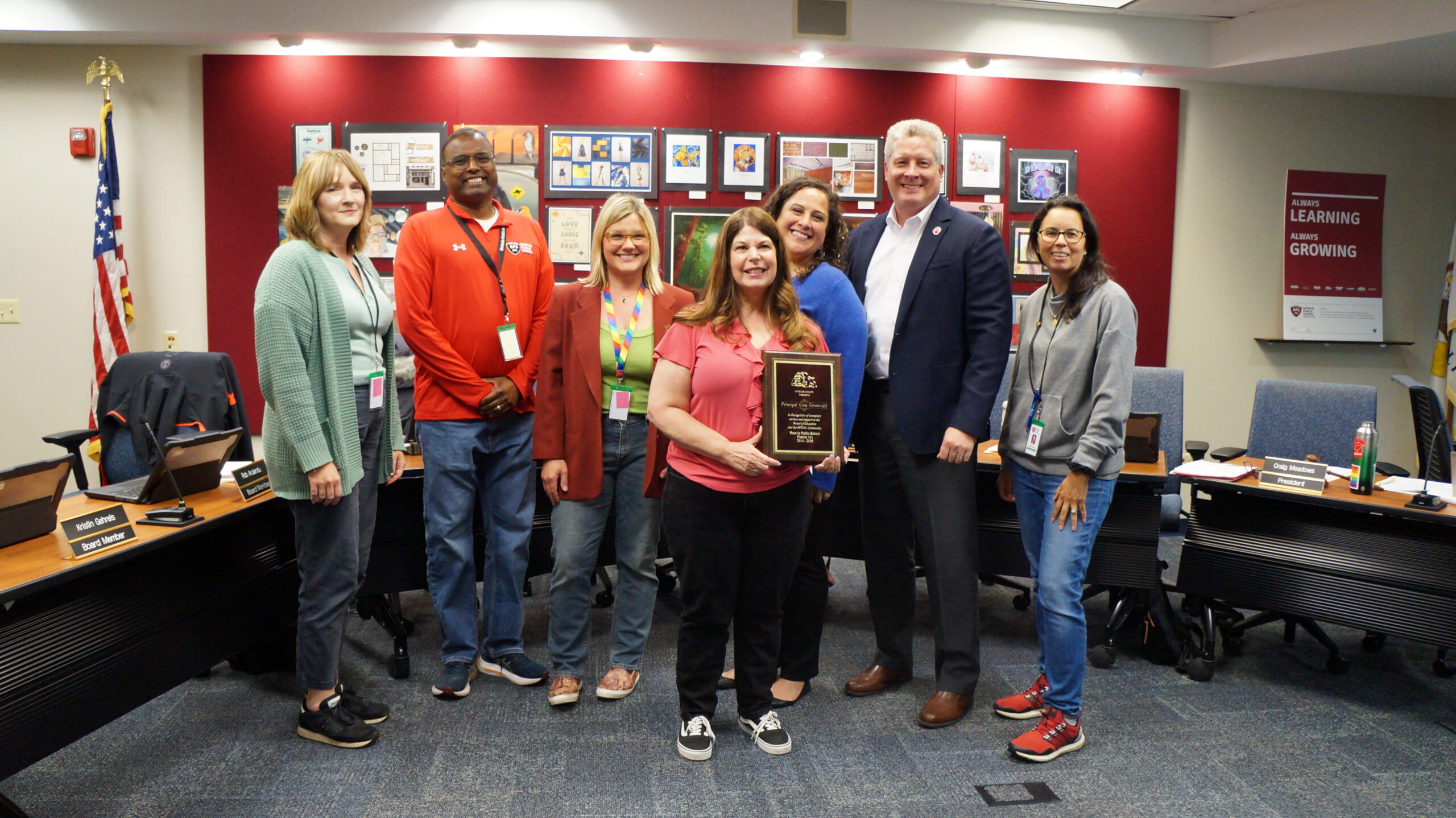 <p>Front (Retiring HWS Principal): Gina Greenwald. Back (Board of Ed): Kristin, Rob, Katy, Danielle, Aaron, and Raquel.</p>
